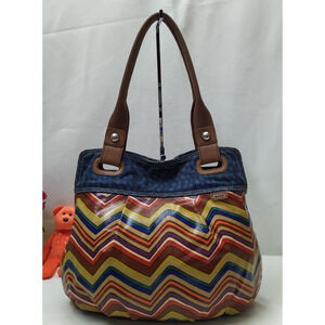 Fossil Key Per Multicolor Coated Canvas Stripe Double Handle Tote Shoulder Bag